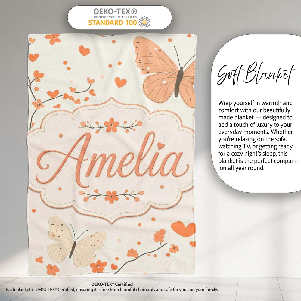 Delicate Butterfly Floral Hearts Seamless Pattern Soft Beige  Personalised Custom Name Super Soft Fleece Blanket Bed Sofa Throw