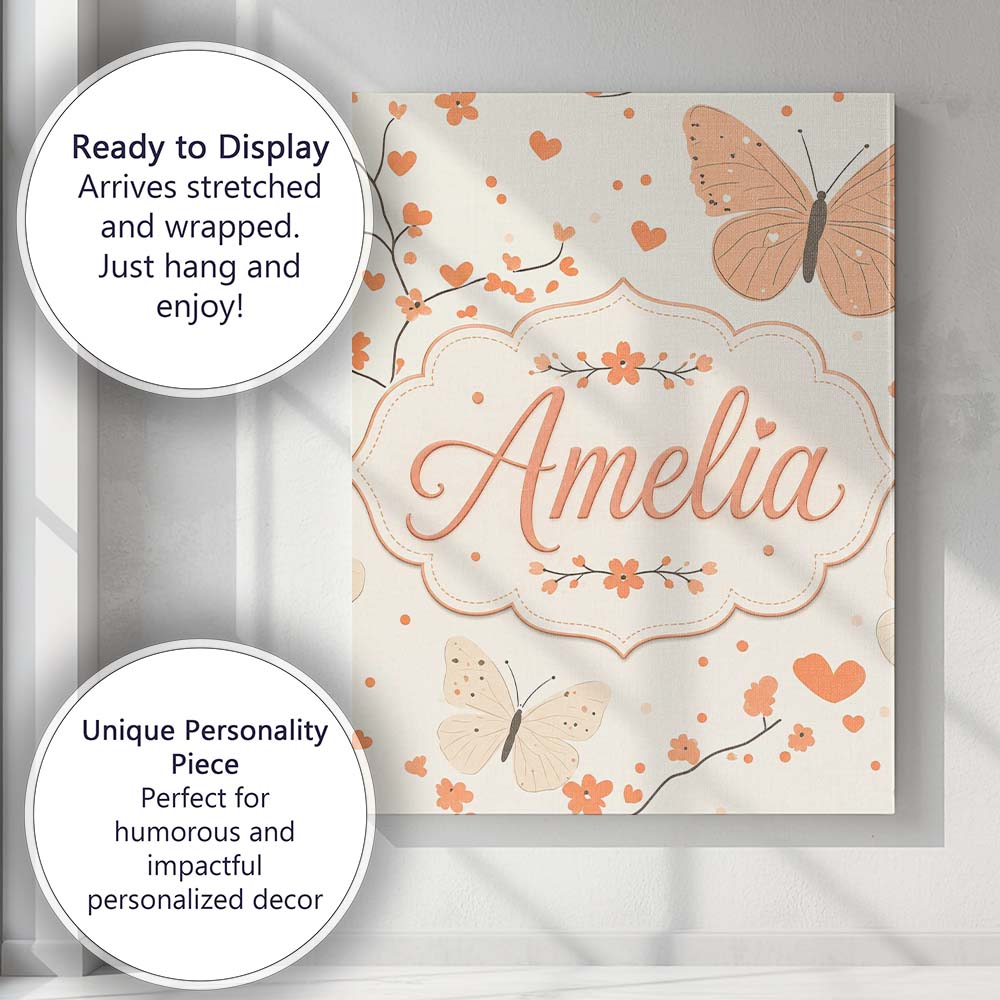Personalised Name Delicate Butterfly Floral Custom  Bespoke Interior Contemporary Canvas Wall Art Print Decor Picture Ready to Hang