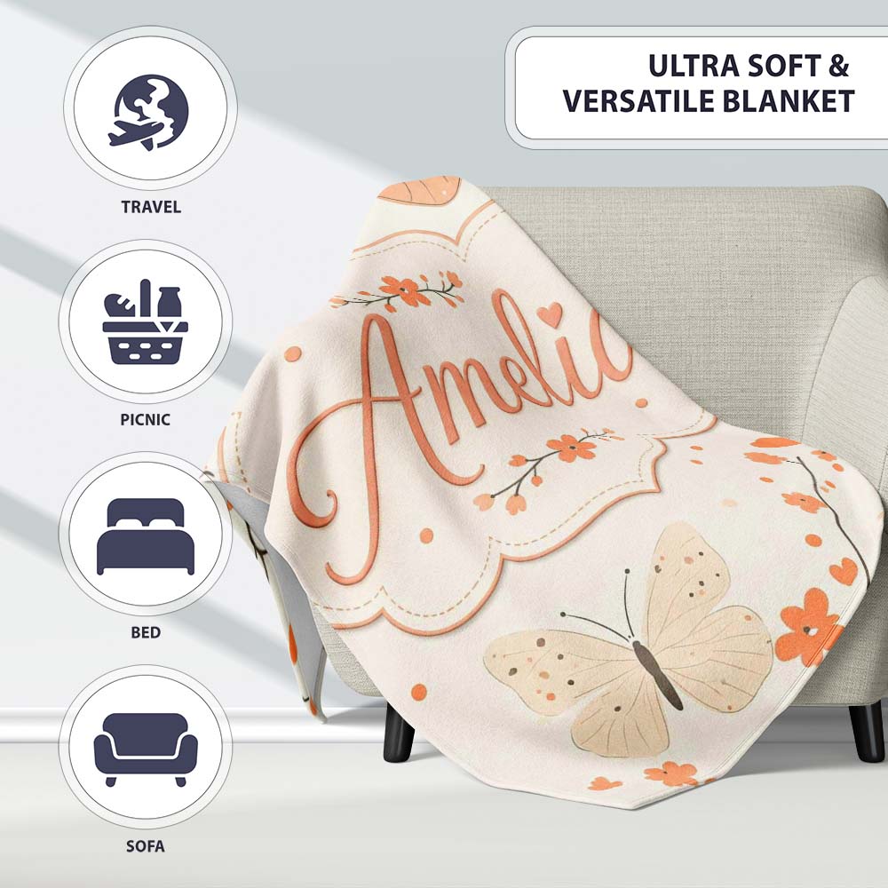 Delicate Butterfly Floral Hearts Seamless Pattern Soft Beige  Personalised Custom Name Super Soft Fleece Blanket Bed Sofa Throw