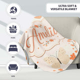 Delicate Butterfly Floral Hearts Seamless Pattern Soft Beige  Personalised Custom Name Super Soft Fleece Blanket Bed Sofa Throw