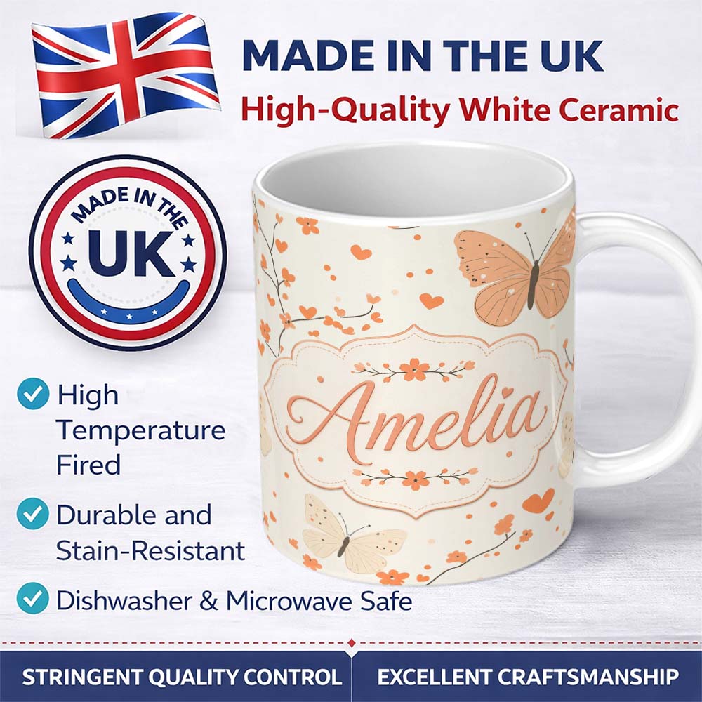 Personalized Custom Name Delicate Butterfly Floral Hearts Seamless Pattern Soft Beige 11oz Ceramic Coffee Tea Mug White Large Handle