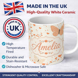 Personalized Custom Name Delicate Butterfly Floral Hearts Seamless Pattern Soft Beige 11oz Ceramic Coffee Tea Mug White Large Handle