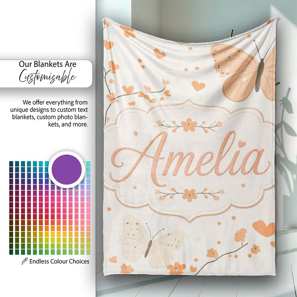 Delicate Butterfly Floral Hearts Seamless Pattern Soft Beige  Personalised Custom Name Super Soft Fleece Blanket Bed Sofa Throw