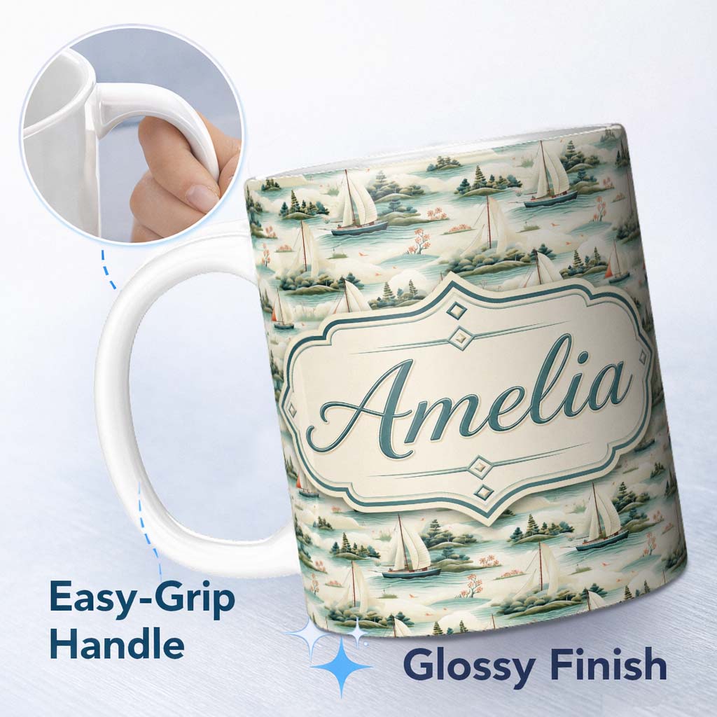 Personalized Custom Name Vintage Sailing Boats Coastal Landscape Seamless Pattern Soft 11oz Ceramic Coffee Tea Mug White Large Handle