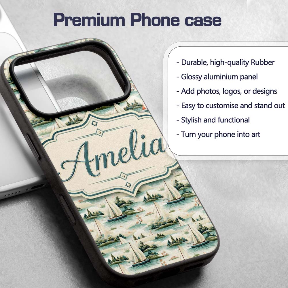 Vintage Sailing Boats Coastal Landscape Seamless Custom Name Protective Phone Case Mobile Cover Durable Everyday Smartphone Shock Resistant