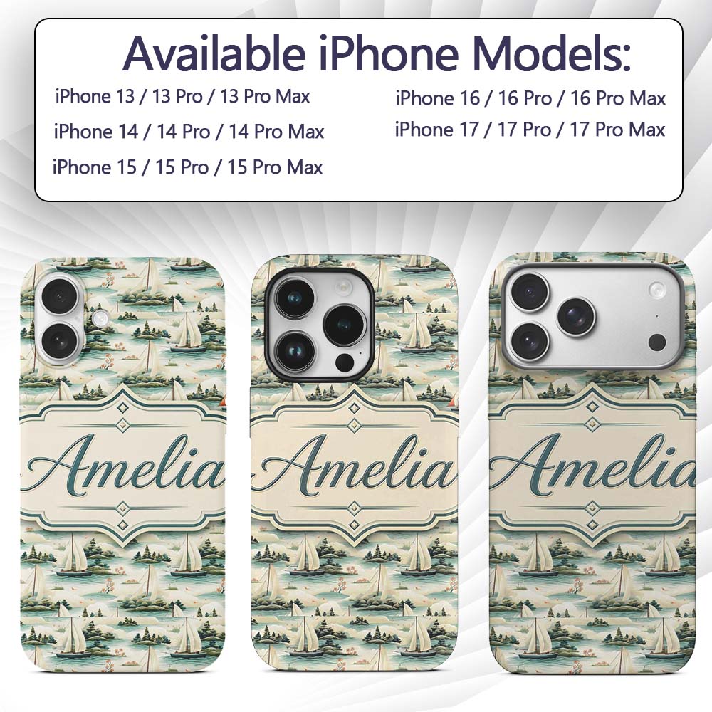 Vintage Sailing Boats Coastal Landscape Seamless Custom Name Protective Phone Case Mobile Cover Durable Everyday Smartphone Shock Resistant
