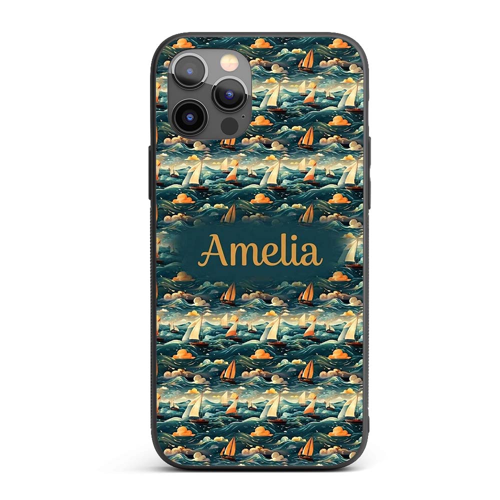 Colorful Ocean Waves Sailboats Scenic Seamless Custom Name Protective Phone Case Mobile Cover Durable Everyday Smartphone Shock Resistant