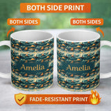 Personalized Custom Name Colorful Ocean Waves Sailboats Scenic Seamless Pattern Dramatic Sea 11oz Ceramic Coffee Tea Mug White Large Handle