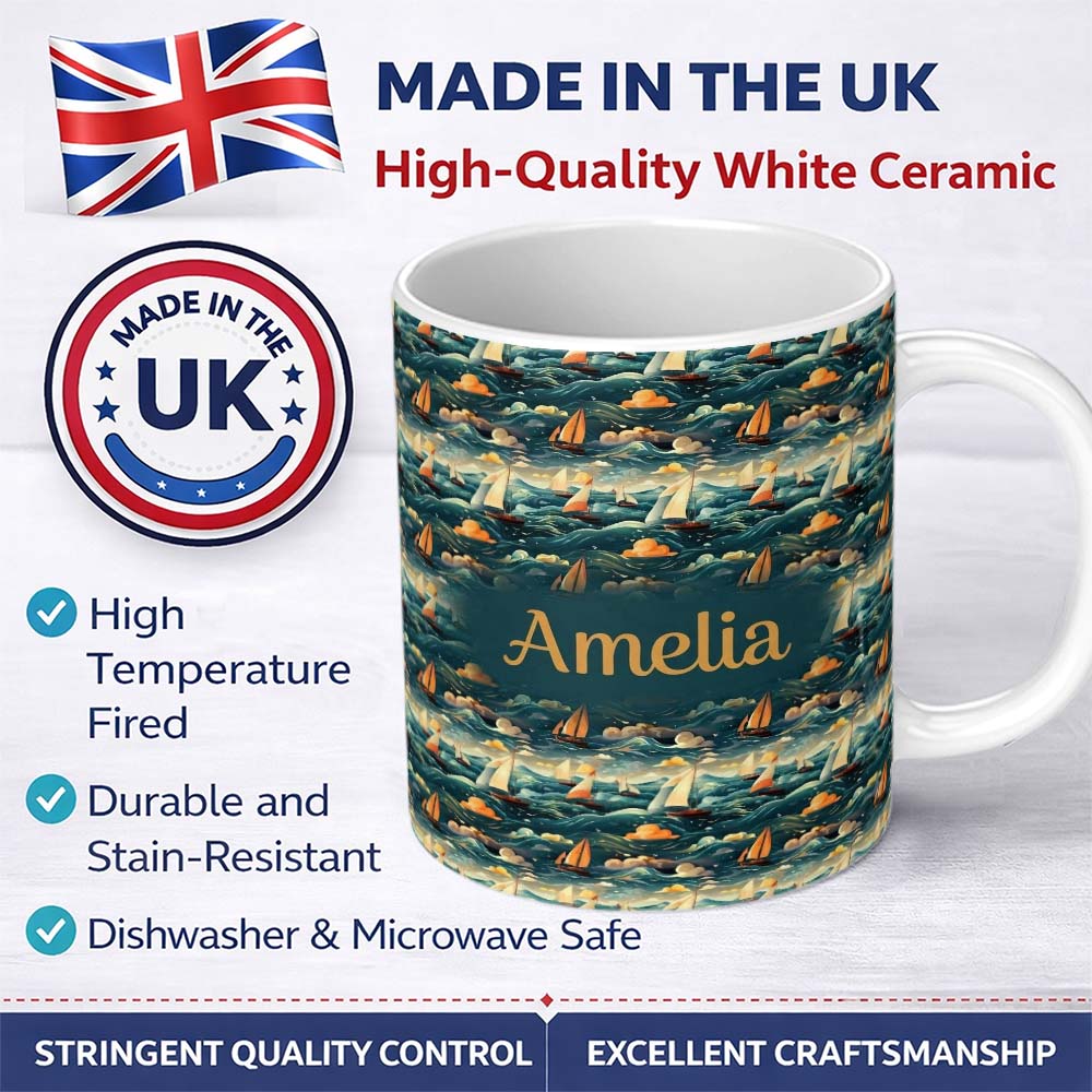 Personalized Custom Name Colorful Ocean Waves Sailboats Scenic Seamless Pattern Dramatic Sea 11oz Ceramic Coffee Tea Mug White Large Handle