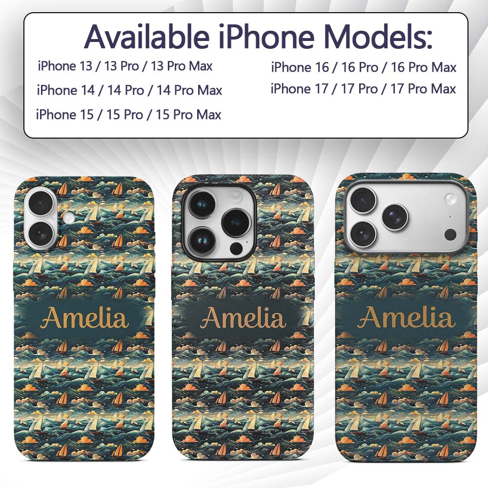Colorful Ocean Waves Sailboats Scenic Seamless Custom Name Protective Phone Case Mobile Cover Durable Everyday Smartphone Shock Resistant