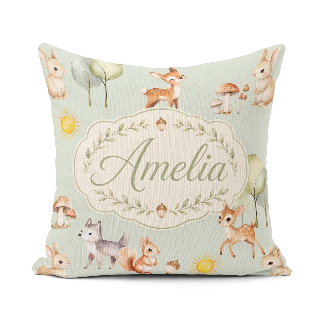 Custom Name Woodland Deer Fox Mushroom Seamless Pattern on Green Square Filled Cushion Throw Pillow Sofa Bed Home Decor Zip Washable UK Made