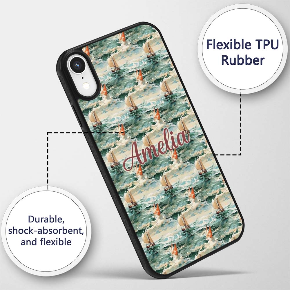 Classic Sailing Boats Rough Sea Seamless Pattern Custom Name Protective Phone Case Mobile Cover Durable Everyday Smartphone Shock Resistant