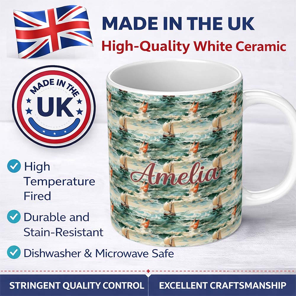 Personalized Custom Name Classic Sailing Boats Rough Sea Seamless Pattern Artistic Ocean 11oz Ceramic Coffee Tea Mug White Large Handle