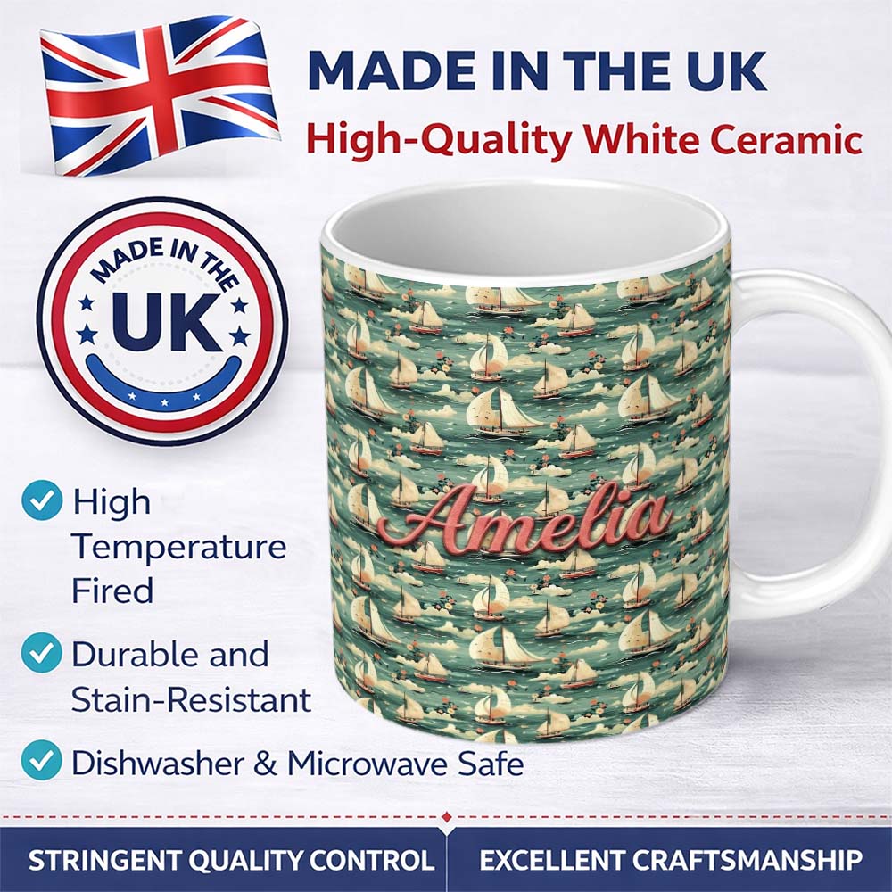 Personalized Custom Name Charming Sailboats Floral Sea Seamless Pattern Whimsical Coastal 11oz Ceramic Coffee Tea Mug White Large Handle