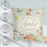 Custom Name Woodland Deer Fox Mushroom Seamless Pattern on Green Square Filled Cushion Throw Pillow Sofa Bed Home Decor Zip Washable UK Made