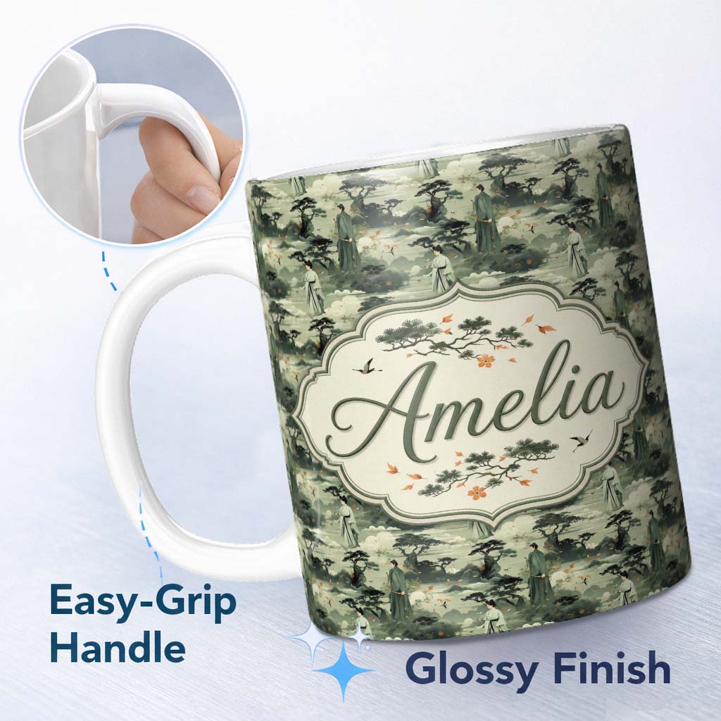 Personalized Custom Name Traditional Asian Landscape Figures Seamless Pattern Elegant Nature 11oz Ceramic Coffee Tea Mug White Large Handle