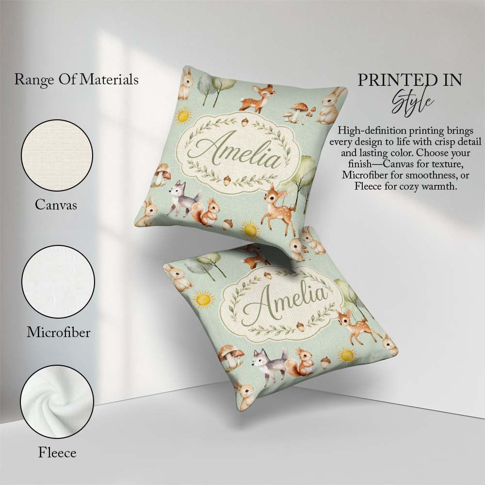 Custom Name Woodland Deer Fox Mushroom Seamless Pattern on Green Square Filled Cushion Throw Pillow Sofa Bed Home Decor Zip Washable UK Made