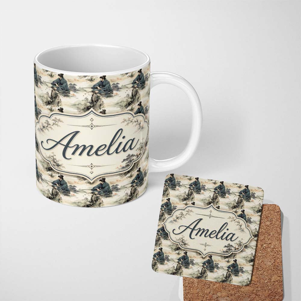Personalized Custom Name Serene Samurai Warrior Mountain Scene Seamless Pattern Japanese Art 11oz Ceramic Coffee Tea Mug White Large Handle