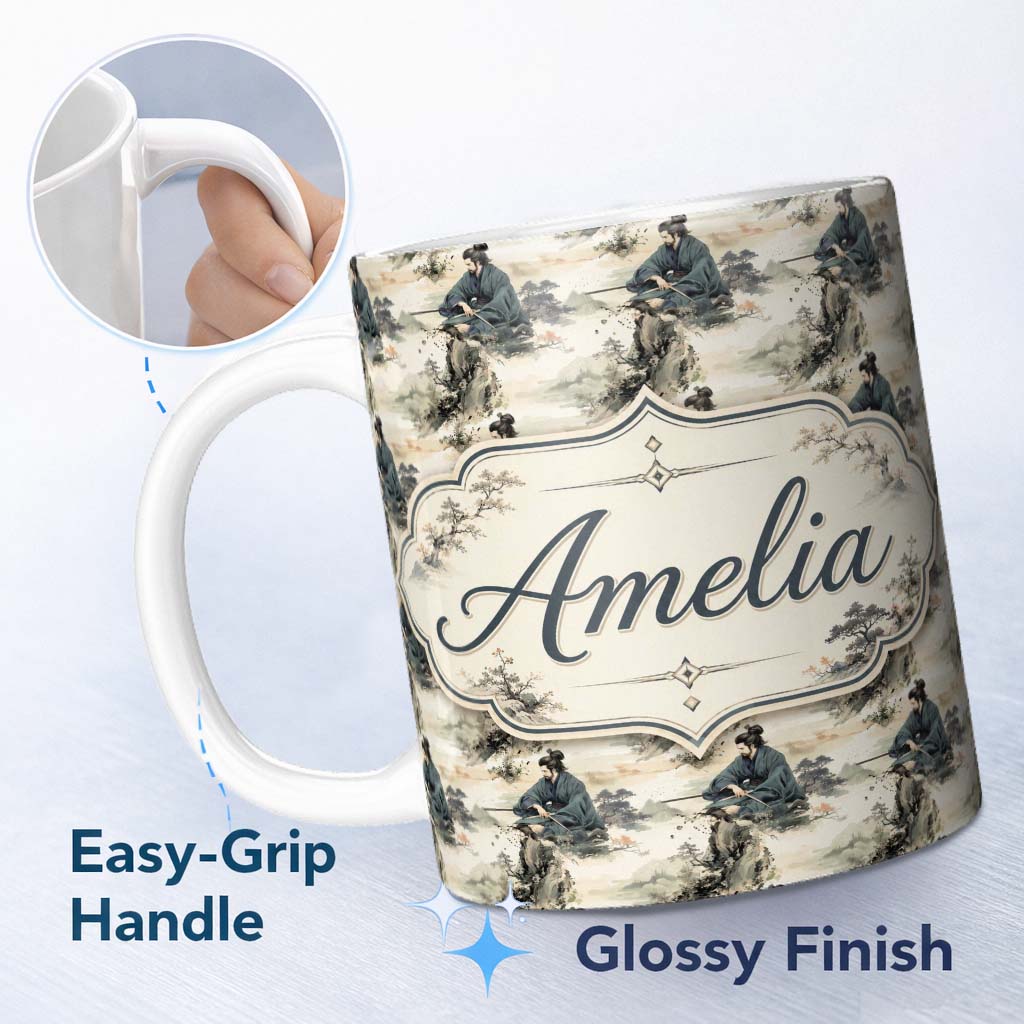 Personalized Custom Name Serene Samurai Warrior Mountain Scene Seamless Pattern Japanese Art 11oz Ceramic Coffee Tea Mug White Large Handle