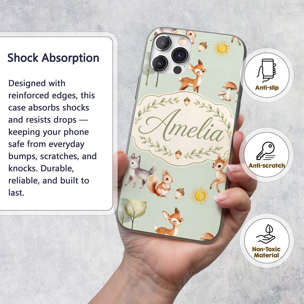 Cute Woodland Deer Fox Mushroom Seamless Pattern Custom Name Protective Phone Case Mobile Cover Durable Everyday Smartphone Shock Resistant