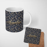 Personalized Custom Name Elegant Midnight Floral Doll Garden Seamless Pattern Dark Blue 11oz Ceramic Coffee Tea Mug White Large Handle