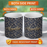 Personalized Custom Name Elegant Midnight Floral Doll Garden Seamless Pattern Dark Blue 11oz Ceramic Coffee Tea Mug White Large Handle