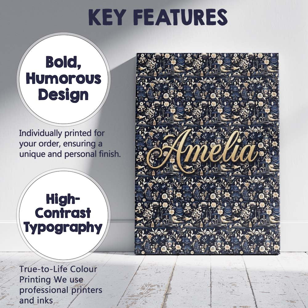 Personalised Name Elegant Midnight Floral Custom  Bespoke Decorative Contemporary Canvas Wall Art Print Decor Picture Ready to Hang