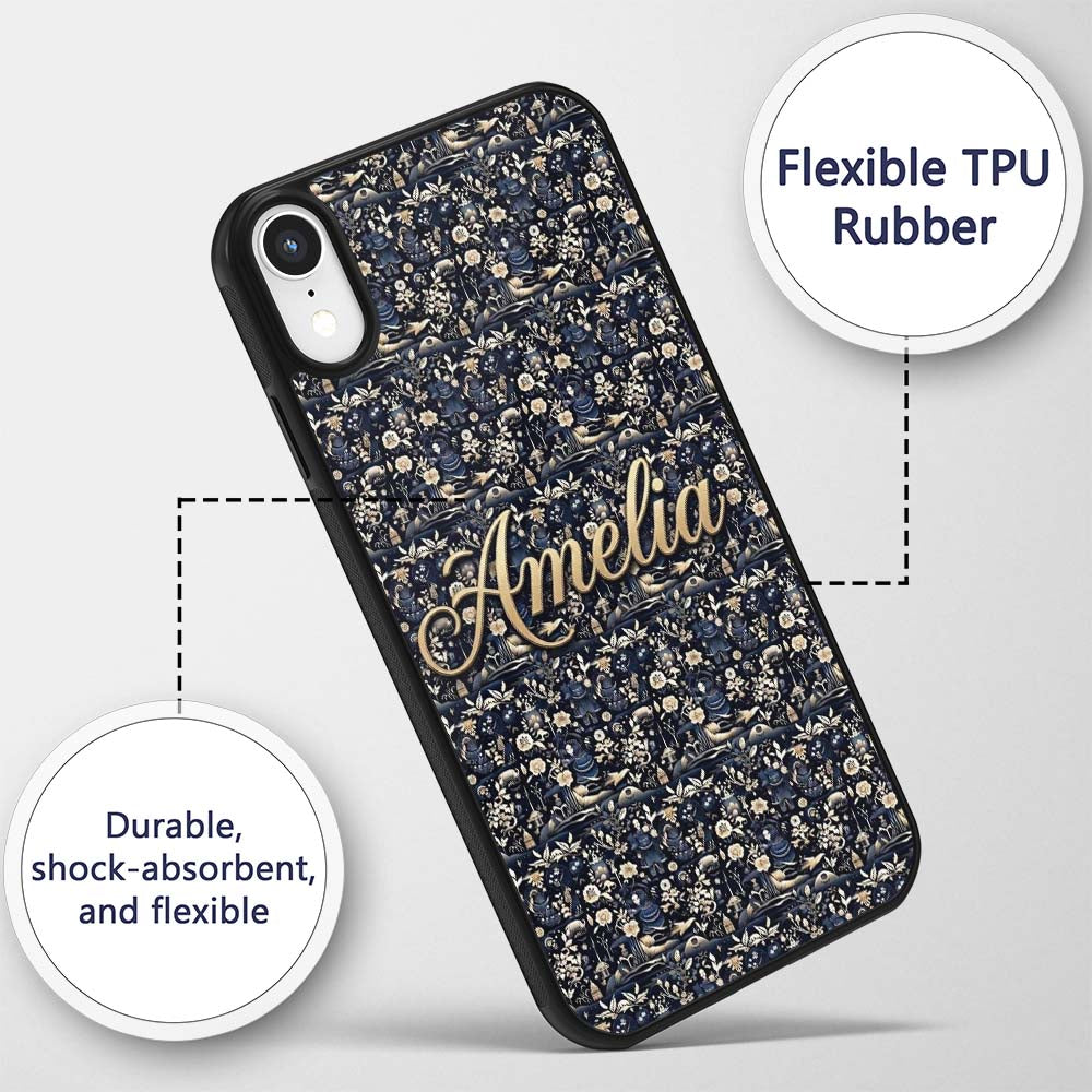 Elegant Midnight Floral Doll Garden Seamless Custom Name Protective Phone Case Mobile Cover Durable Everyday Smartphone Shock Resistant