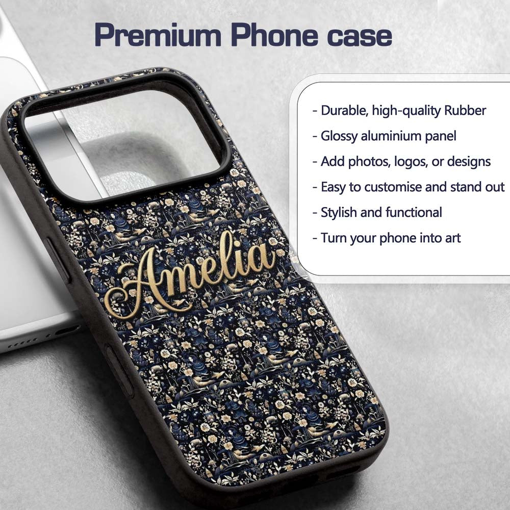Elegant Midnight Floral Doll Garden Seamless Custom Name Protective Phone Case Mobile Cover Durable Everyday Smartphone Shock Resistant
