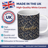 Personalized Custom Name Elegant Midnight Floral Doll Garden Seamless Pattern Dark Blue 11oz Ceramic Coffee Tea Mug White Large Handle
