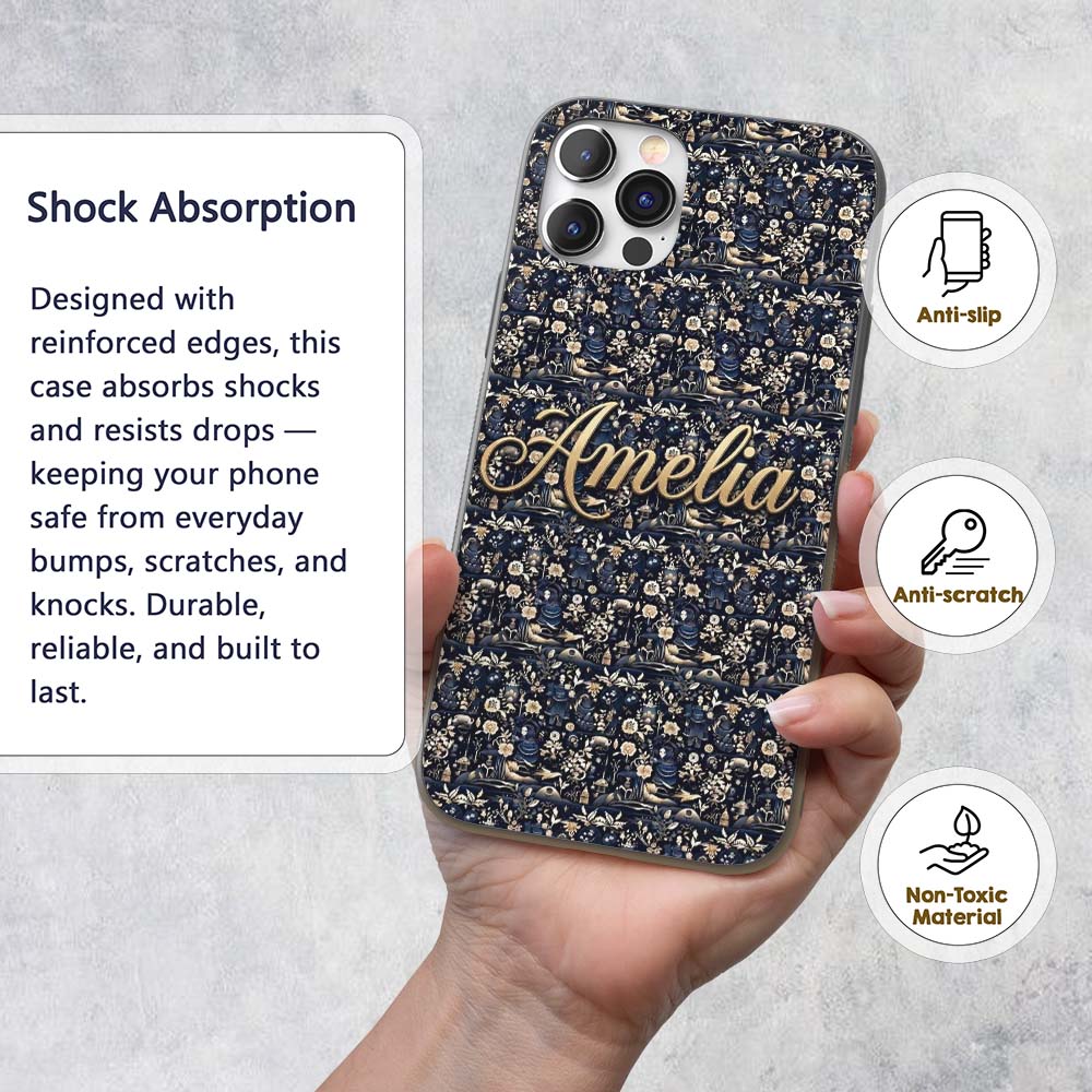 Elegant Midnight Floral Doll Garden Seamless Custom Name Protective Phone Case Mobile Cover Durable Everyday Smartphone Shock Resistant