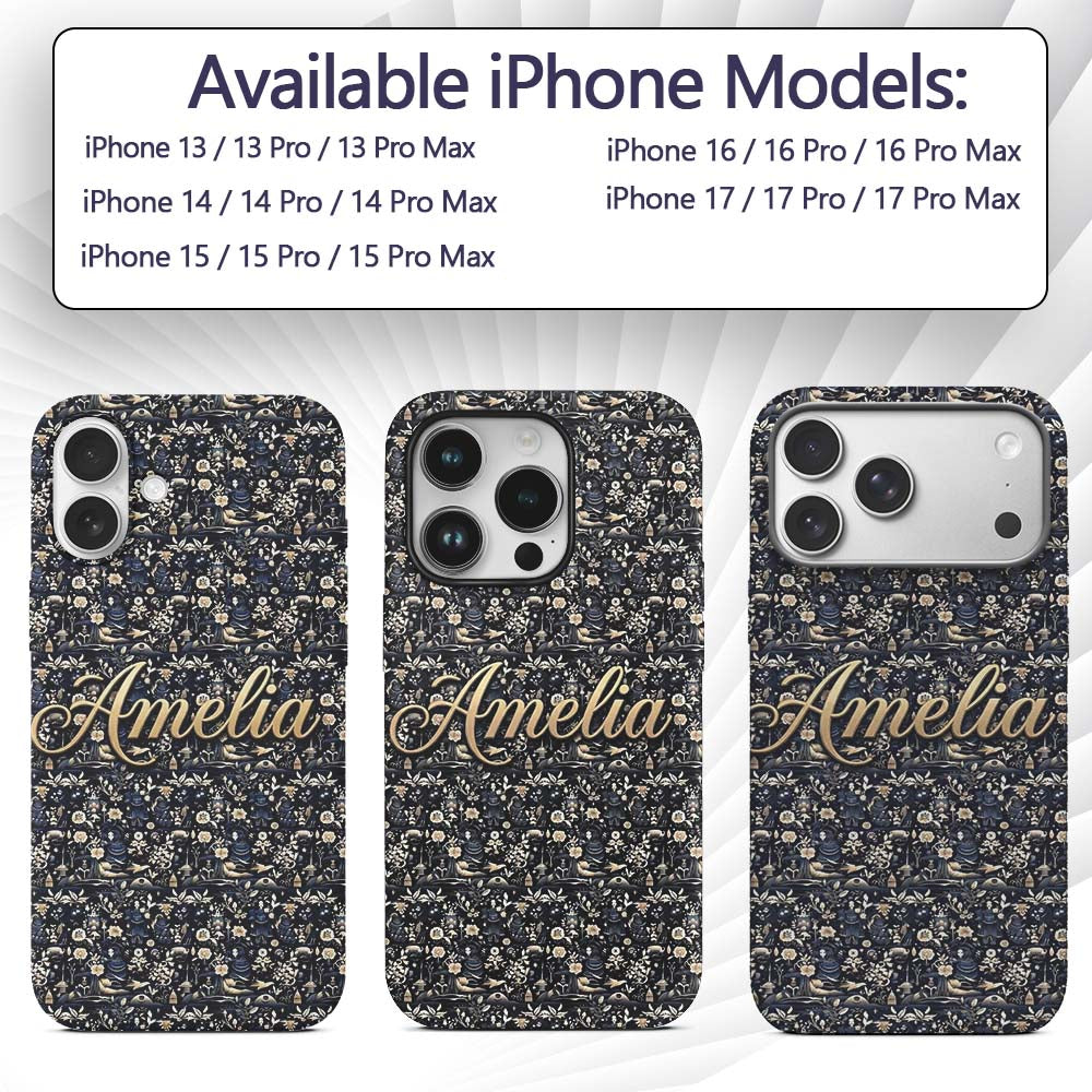 Elegant Midnight Floral Doll Garden Seamless Custom Name Protective Phone Case Mobile Cover Durable Everyday Smartphone Shock Resistant