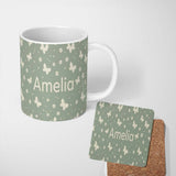 Personalized Custom Name Minimal Butterfly Silhouette Soft Green Background Seamless Pattern 11oz Ceramic Coffee Tea Mug White Large Handle