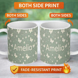 Personalized Custom Name Minimal Butterfly Silhouette Soft Green Background Seamless Pattern 11oz Ceramic Coffee Tea Mug White Large Handle