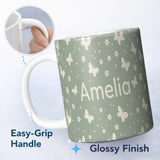 Personalized Custom Name Minimal Butterfly Silhouette Soft Green Background Seamless Pattern 11oz Ceramic Coffee Tea Mug White Large Handle