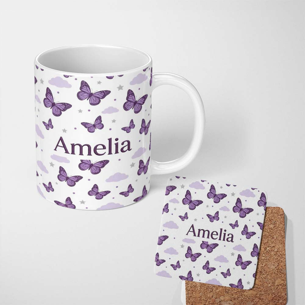 Personalized Custom Name Purple Butterfly Clouds Stars Dreamy Seamless Pattern Soft Sky Name 11oz Ceramic Coffee Tea Mug White Large Handle