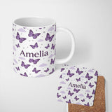 Personalized Custom Name Purple Butterfly Clouds Stars Dreamy Seamless Pattern Soft Sky Name 11oz Ceramic Coffee Tea Mug White Large Handle