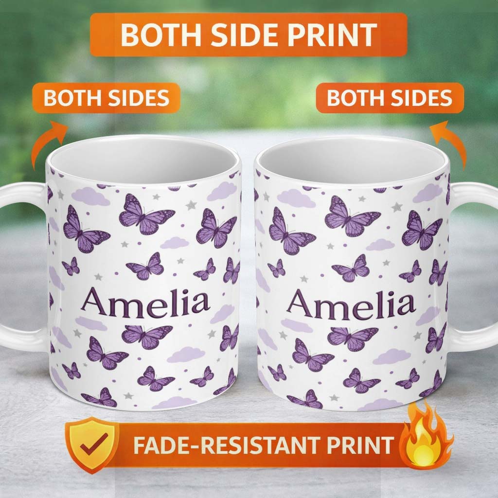 Personalized Custom Name Purple Butterfly Clouds Stars Dreamy Seamless Pattern Soft Sky Name 11oz Ceramic Coffee Tea Mug White Large Handle