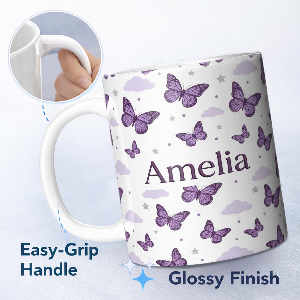 Personalized Custom Name Purple Butterfly Clouds Stars Dreamy Seamless Pattern Soft Sky Name 11oz Ceramic Coffee Tea Mug White Large Handle