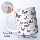 Personalized Custom Name Purple Butterfly Clouds Stars Dreamy Seamless Pattern Soft Sky Name 11oz Ceramic Coffee Tea Mug White Large Handle