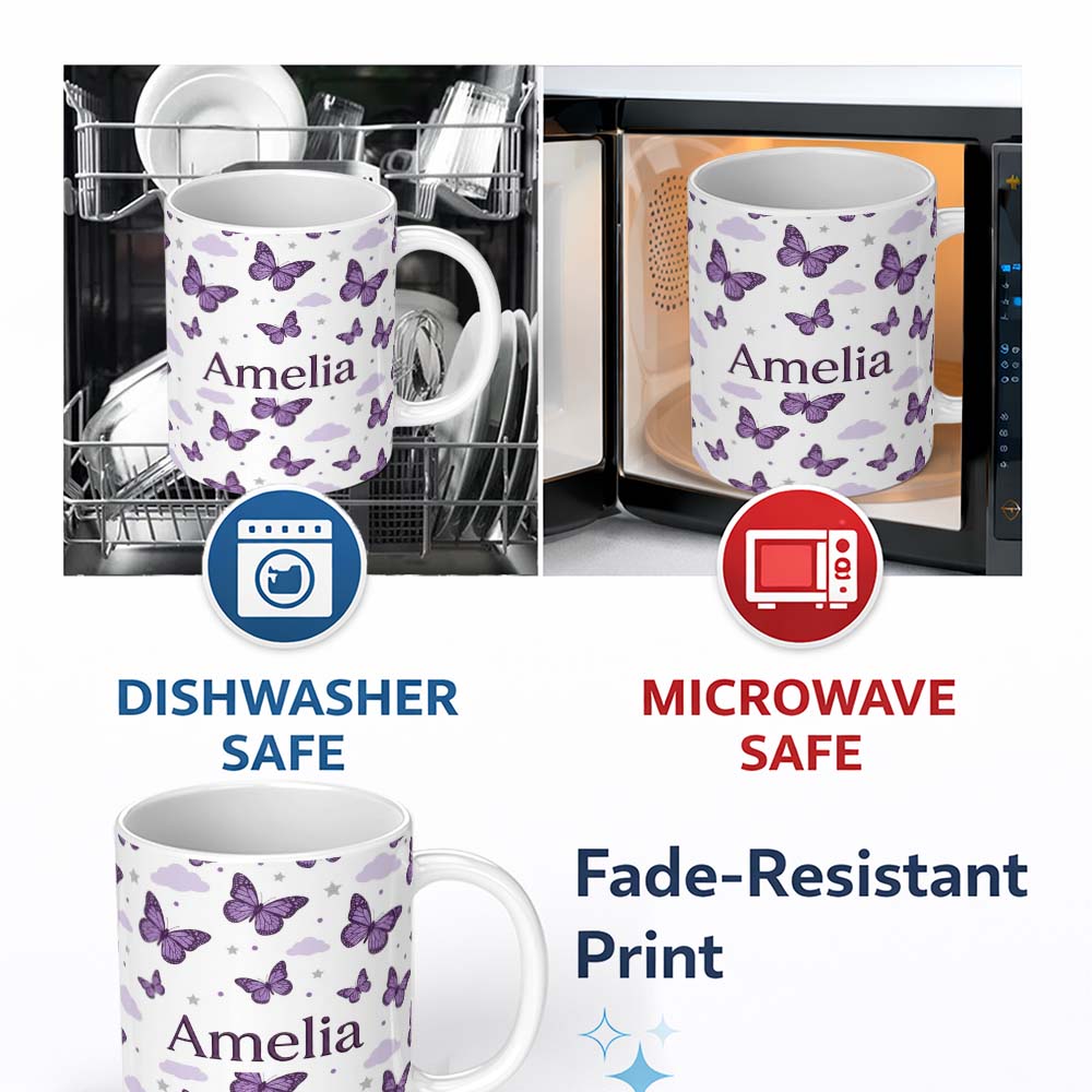 Personalized Custom Name Purple Butterfly Clouds Stars Dreamy Seamless Pattern Soft Sky Name 11oz Ceramic Coffee Tea Mug White Large Handle