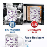 Personalized Custom Name Purple Butterfly Clouds Stars Dreamy Seamless Pattern Soft Sky Name 11oz Ceramic Coffee Tea Mug White Large Handle