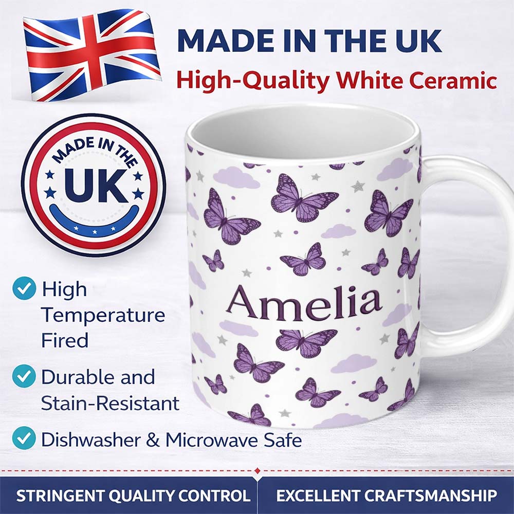 Personalized Custom Name Purple Butterfly Clouds Stars Dreamy Seamless Pattern Soft Sky Name 11oz Ceramic Coffee Tea Mug White Large Handle