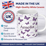 Personalized Custom Name Purple Butterfly Clouds Stars Dreamy Seamless Pattern Soft Sky Name 11oz Ceramic Coffee Tea Mug White Large Handle