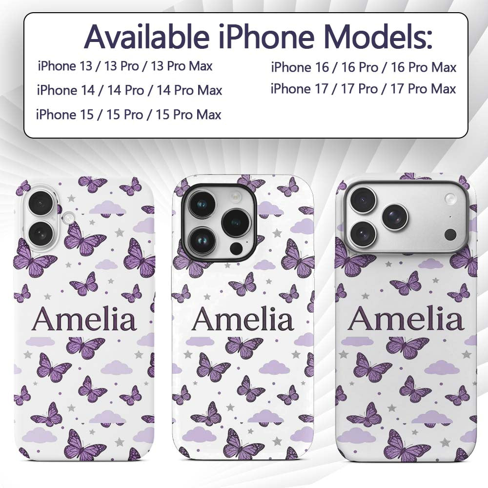 Purple Butterfly Clouds Stars Dreamy Seamless Custom Name Protective Phone Case Mobile Cover Durable Everyday Smartphone Shock Resistant