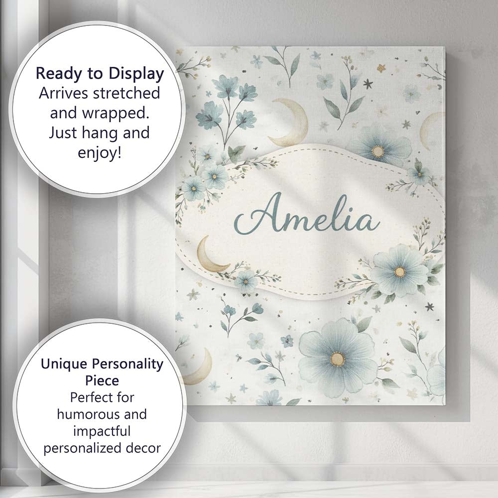 Personalised Name Blue Floral Moon Seamless Pattern Beautiful Coffee Custom  Home Canvas Wall Art Print Decor Picture Ready to Hang