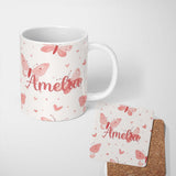 Personalized Custom Name Cute Pink Butterflies Hearts Soft Pastel Seamless Pattern Romantic 11oz Ceramic Coffee Tea Mug White Large Handle