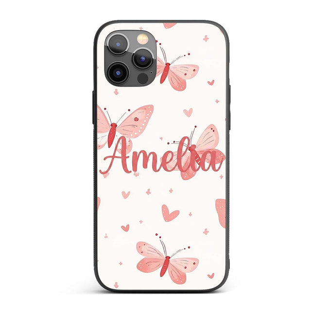 Cute Pink Butterflies Hearts Soft Pastel Seamless Custom Name Protective Phone Case Mobile Cover Durable Everyday Smartphone Shock Resistant