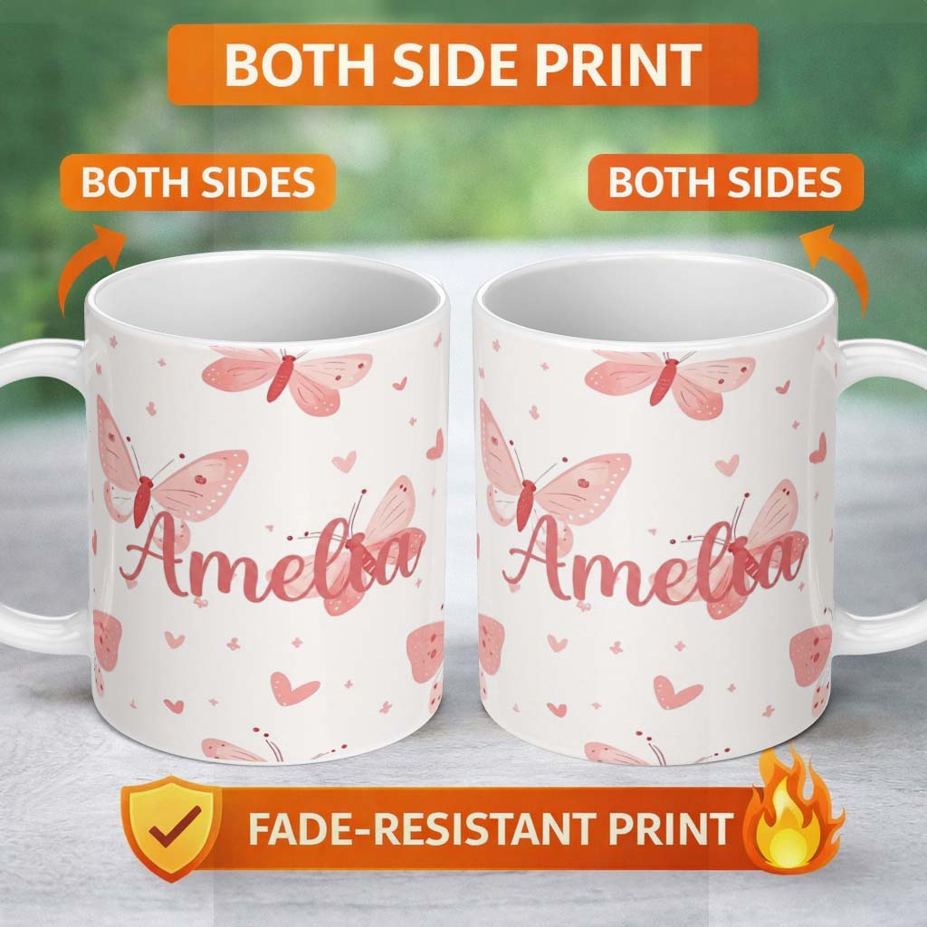 Personalized Custom Name Cute Pink Butterflies Hearts Soft Pastel Seamless Pattern Romantic 11oz Ceramic Coffee Tea Mug White Large Handle
