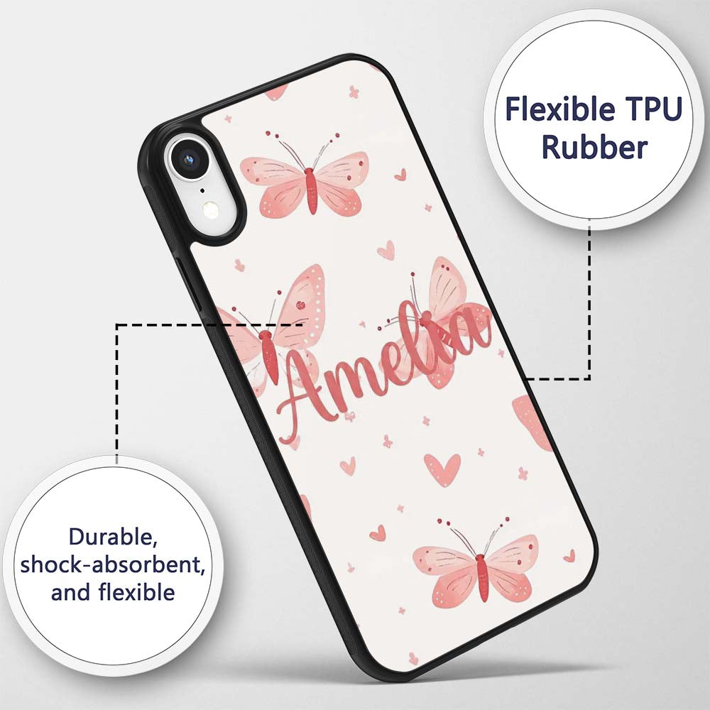 Cute Pink Butterflies Hearts Soft Pastel Seamless Custom Name Protective Phone Case Mobile Cover Durable Everyday Smartphone Shock Resistant
